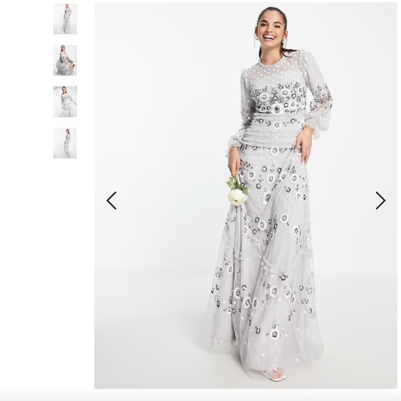 Frock and Frill all over embroidered long sleeved maxi dress in light gray - Picture 1 of 8